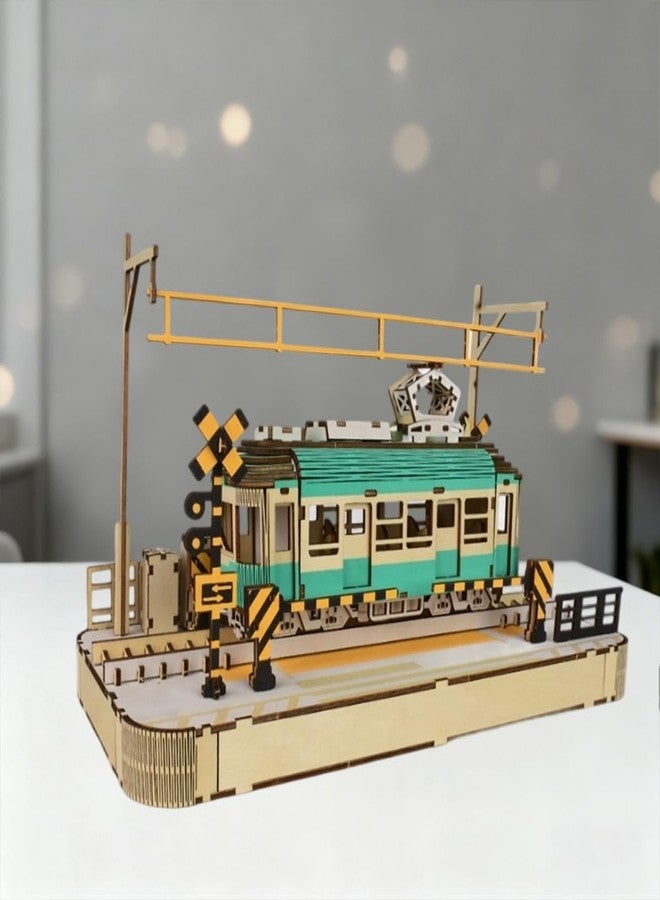 Bitopbi 3D Wooden Puzzles Streetcar Laser Engraving DIY Safe Assembly Constructor Kit Toy for Teens and Adults Transportation Vehicle Mechanical 3-D Models for Self-Assembly (Streetcar) - Image 2